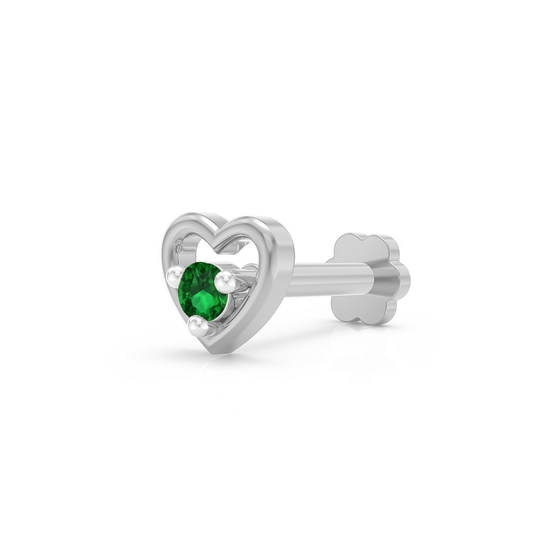 925 sterling silver Cherished Heart Nose Pin with emerald green stone Main view#metal_sterling-silver#stone-colour_emerald-green