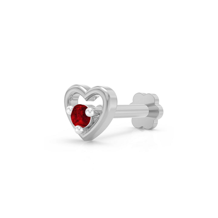 925 sterling silver Cherished Heart Nose Pin with ruby red stone Main view#metal_sterling-silver#stone-colour_ruby-red