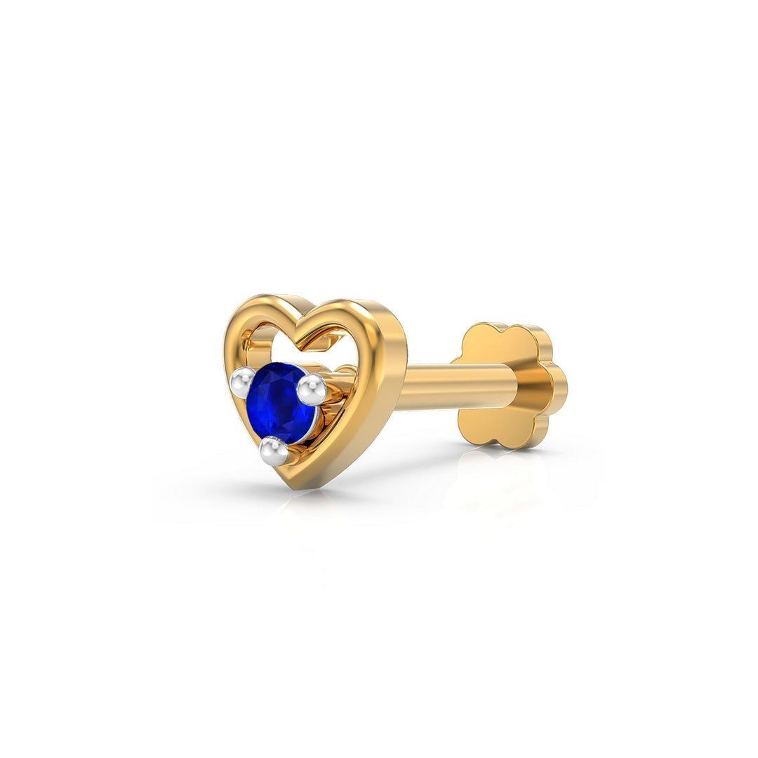 925 sterling silver gold plated Cherished Heart Nose Pin with sapphire blue stone Main view#metal_gold-plated#stone-colour_sapphire-blue