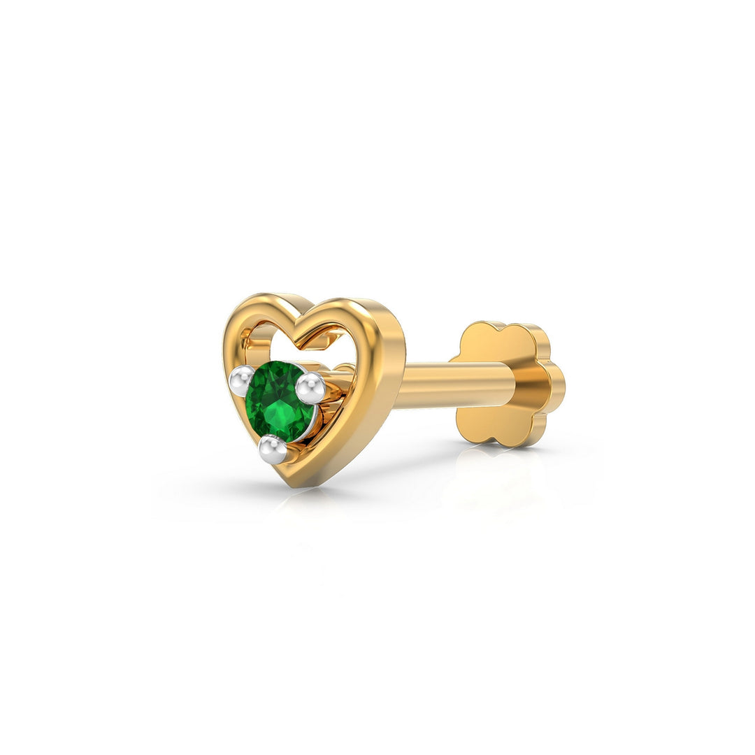 925 sterling silver gold plated Cherished Heart Nose Pin with emerald green stone Main view#metal_gold-plated#stone-colour_emerald-green