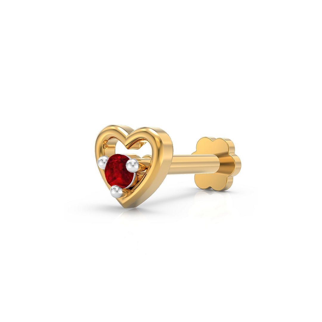 925 sterling silver gold plated Cherished Heart Nose Pin with ruby red stone Main view#metal_gold-plated#stone-colour_ruby-red