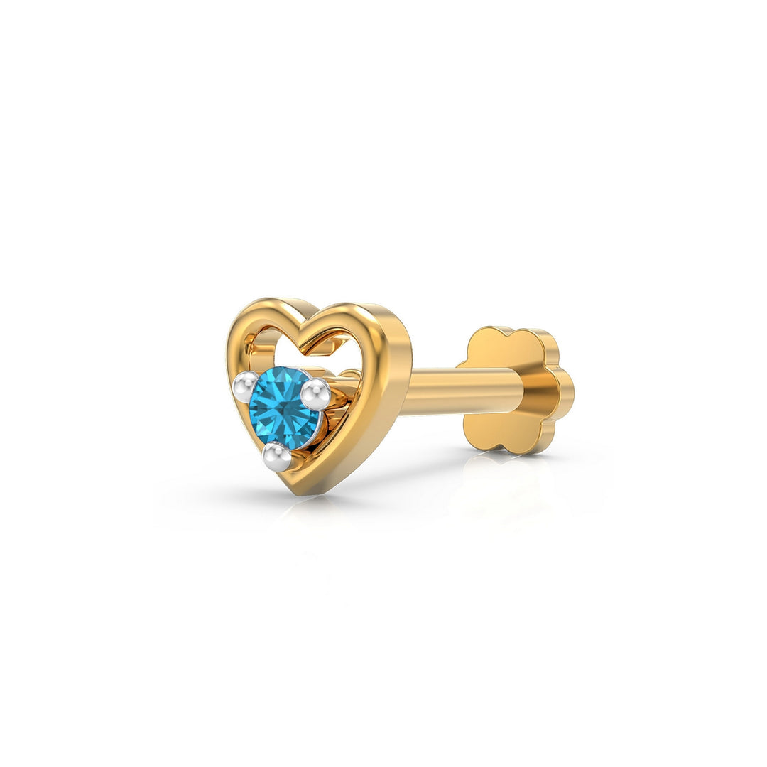 925 sterling silver gold plated Cherished Heart Nose Pin with topaz blue stone Main view#metal_gold-plated#stone-colour_topaz-blue