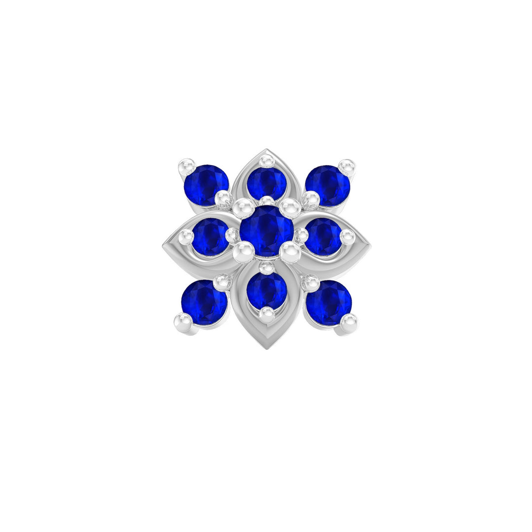 925 sterling silver Leafy Nose Pin with sapphire blue stone Front view#metal_sterling-silver#stone-colour_sapphire-blue