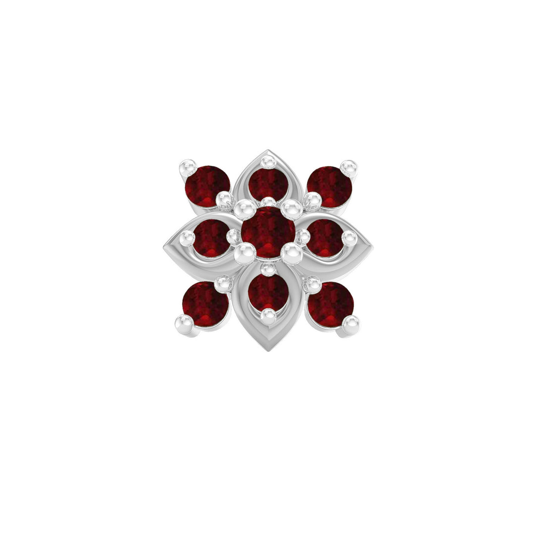 925 sterling silver Leafy Nose Pin with ruby red stone Front view#metal_sterling-silver#stone-colour_ruby-red