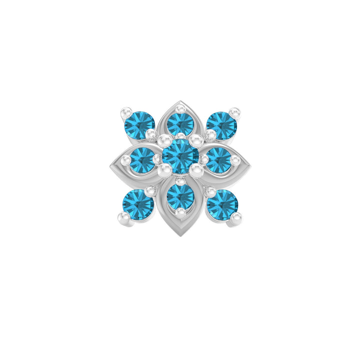 925 sterling silver Leafy Nose Pin with topaz blue stone Front view#metal_sterling-silver#stone-colour_topaz-blue