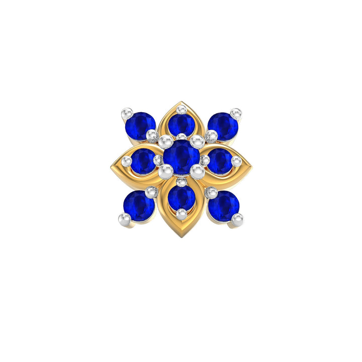 925 sterling silver gold plated Leafy Nose Pin with sapphire blue stone Front view#metal_gold-plated#stone-colour_sapphire-blue