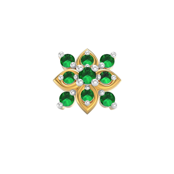 925 sterling silver gold plated Leafy Nose Pin with emerald green stone Front view#metal_gold-plated#stone-colour_emerald-green