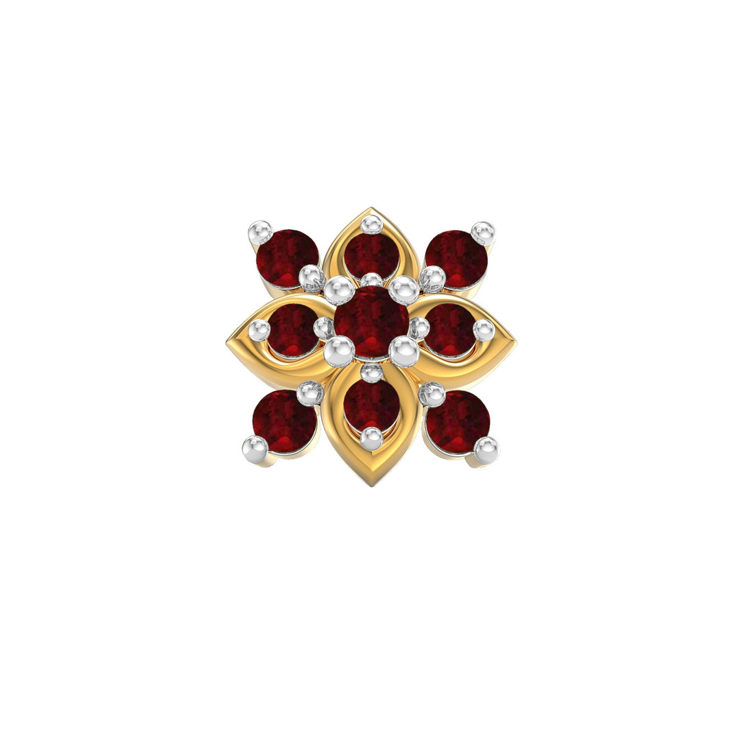 925 sterling silver gold plated Leafy Nose Pin with ruby red stone Front view#metal_gold-plated#stone-colour_ruby-red