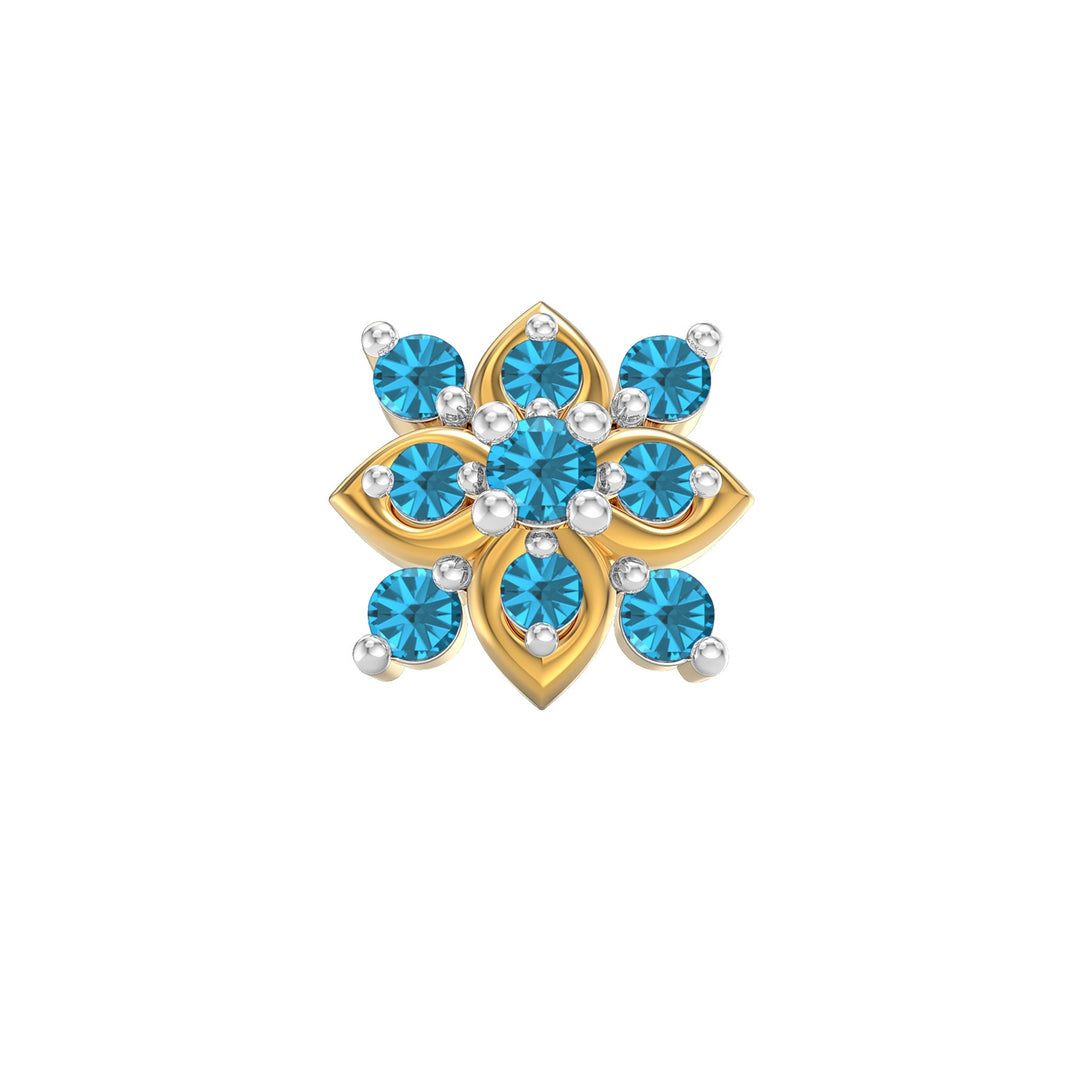 925 sterling silver gold plated Leafy Nose Pin with topaz blue stone Front view#metal_gold-plated#stone-colour_topaz-blue