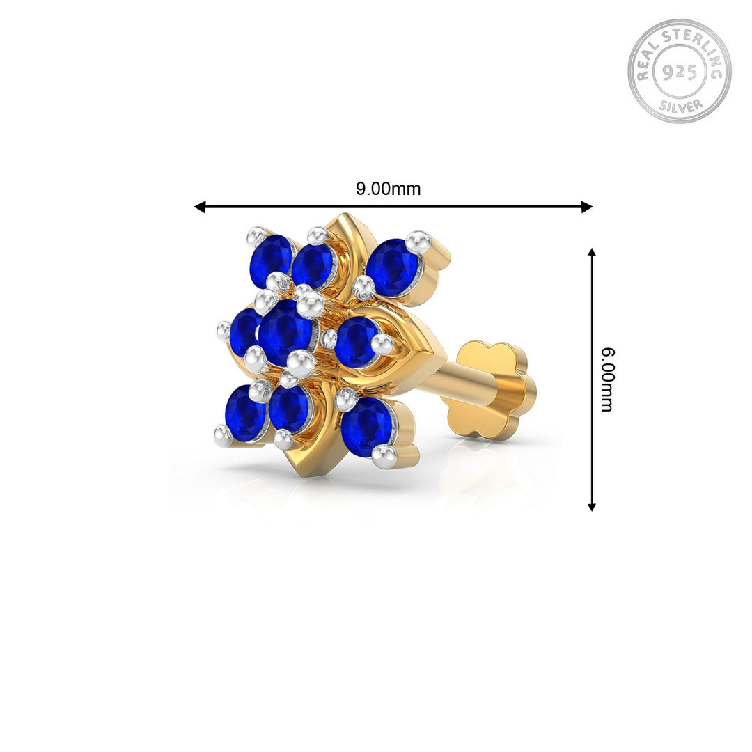 925 sterling silver gold plated Leafy Nose Pin with sapphire blue stone Measurement#metal_gold-plated#stone-colour_sapphire-blue