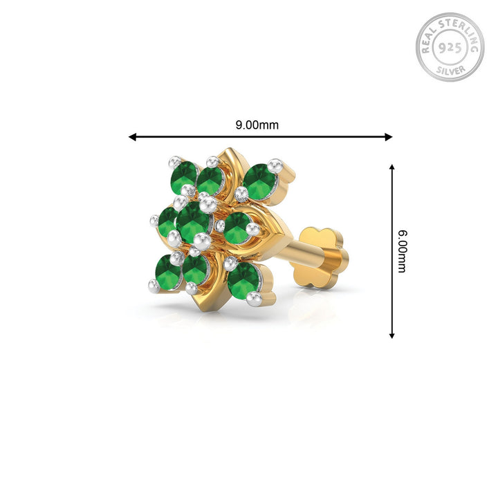 925 sterling silver gold plated Leafy Nose Pin with emerald green stone Measurement#metal_gold-plated#stone-colour_emerald-green