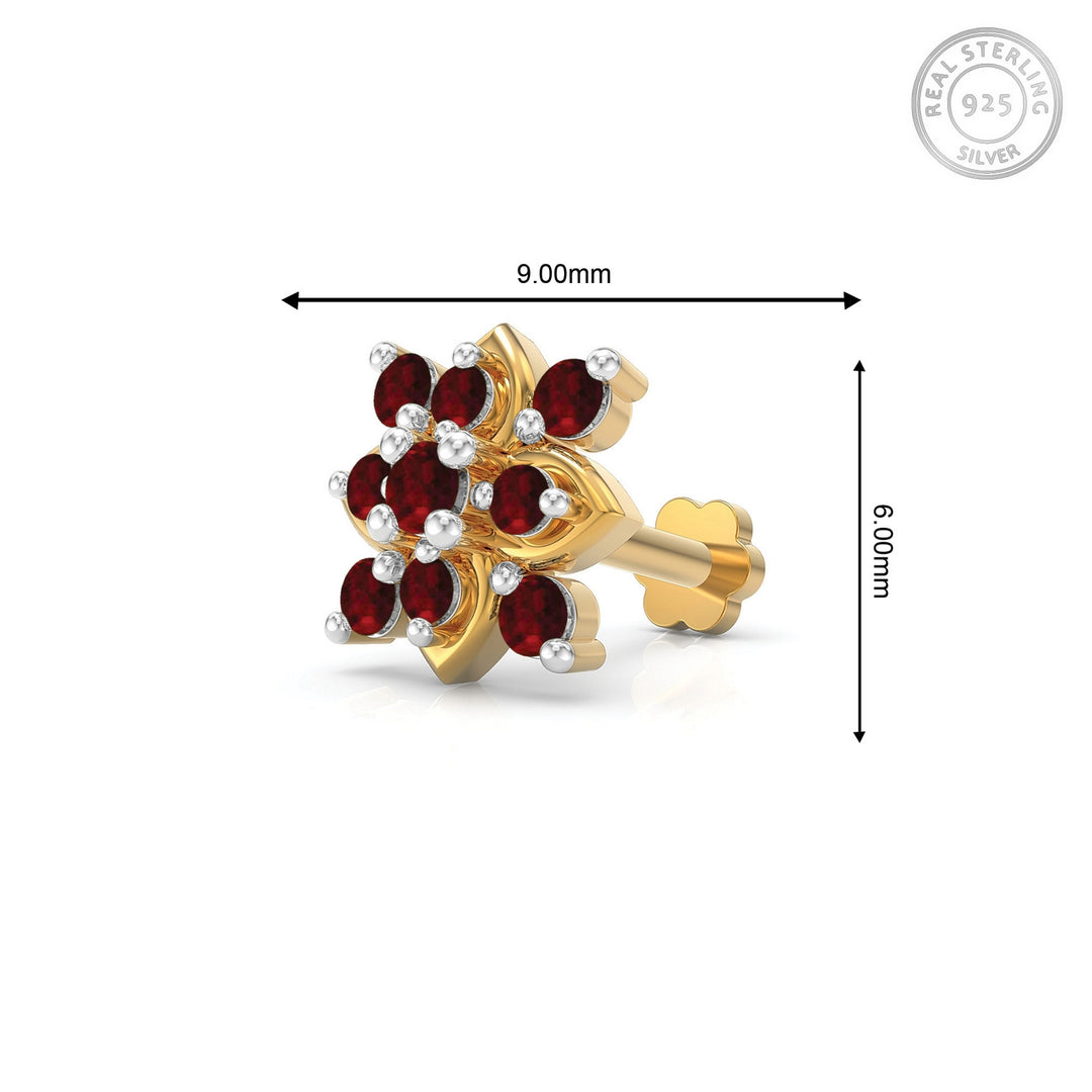 925 sterling silver gold plated Leafy Nose Pin with ruby red stone Measurement#metal_gold-plated#stone-colour_ruby-red