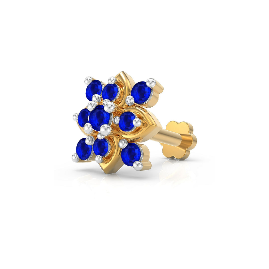 925 sterling silver gold plated Leafy Nose Pin with sapphire blue stone Main view#metal_gold-plated#stone-colour_sapphire-blue