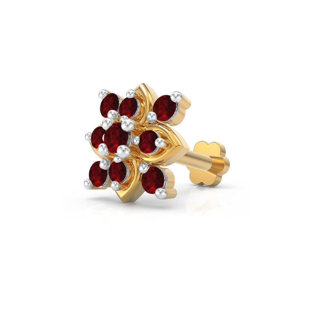 925 sterling silver gold plated Leafy Nose Pin with ruby red stone Main view#metal_gold-plated#stone-colour_ruby-red