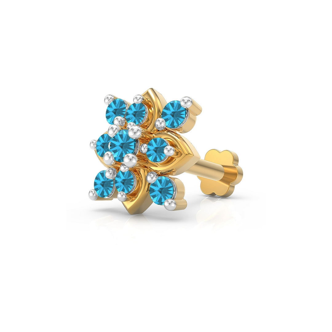 925 sterling silver gold plated Leafy Nose Pin with topaz blue stone Main view#metal_gold-plated#stone-colour_topaz-blue