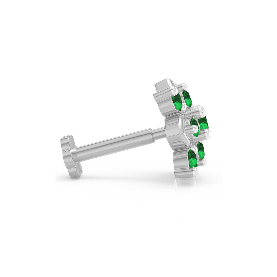 925 sterling silver Leafy Nose Pin with emerald green stone Side View#metal_sterling-silver#stone-colour_emerald-green