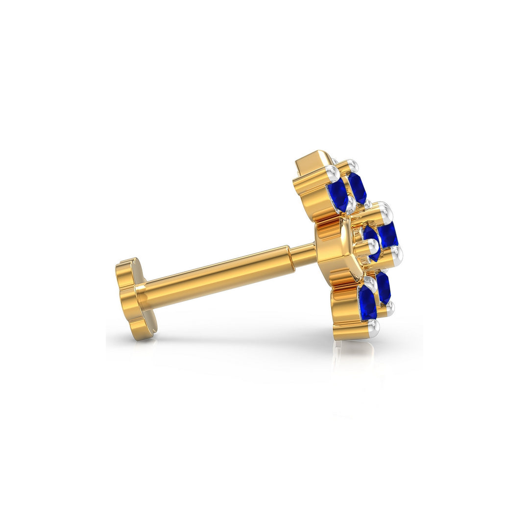 925 sterling silver gold plated Leafy Nose Pin with sapphire blue stone Side View#metal_gold-plated#stone-colour_sapphire-blue