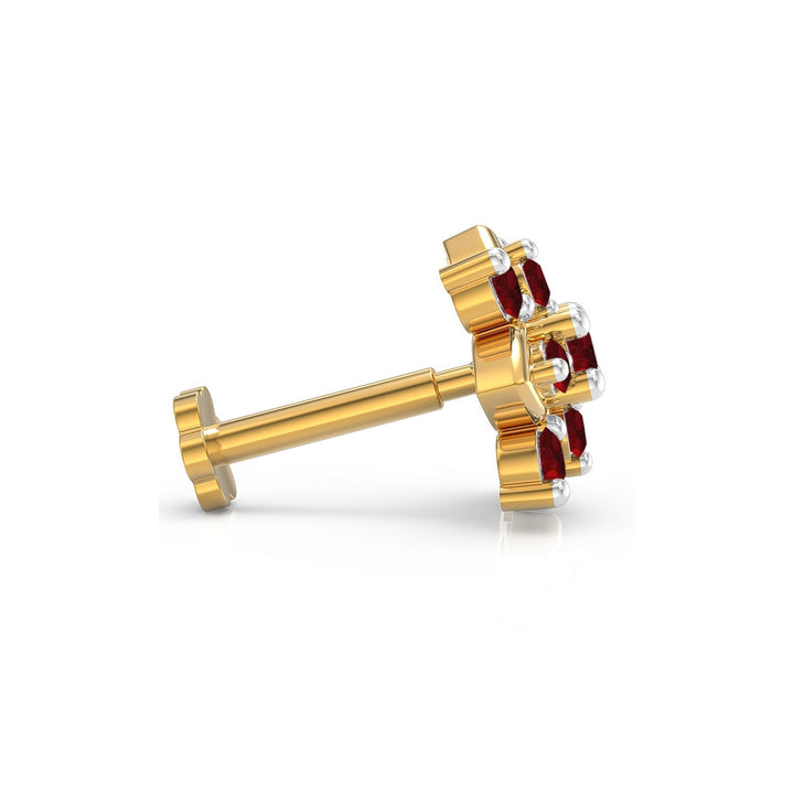 925 sterling silver gold plated Leafy Nose Pin with ruby red stone Side View#metal_gold-plated#stone-colour_ruby-red