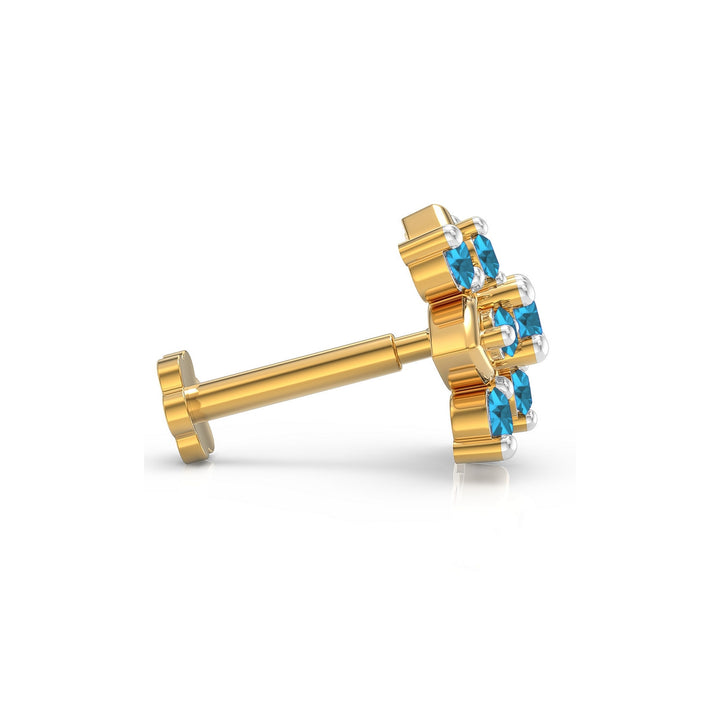 925 sterling silver gold plated Leafy Nose Pin with topaz blue stone Side View#metal_gold-plated#stone-colour_topaz-blue