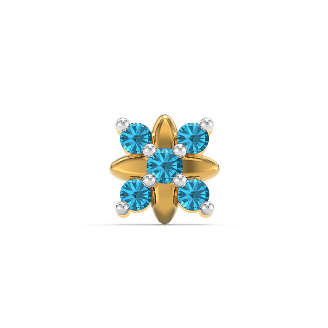 925 sterling silver gold plated Heavenly Nose Pin with topaz blue stone Front view#metal_gold-plated#stone-colour_topaz-blue