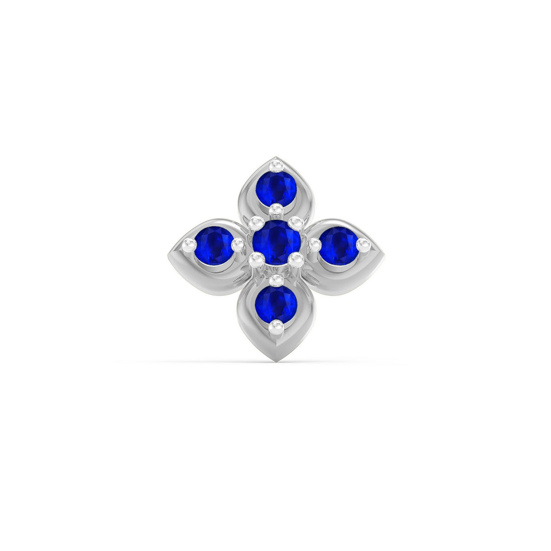 925 sterling silver Leaf Nose Pin with sapphire blue stone Front view#metal_sterling-silver#stone-colour_sapphire-blue