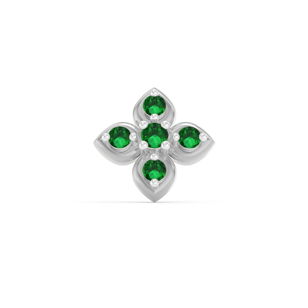 925 sterling silver Leaf Nose Pin with emerald green stone Front view#metal_sterling-silver#stone-colour_emerald-green