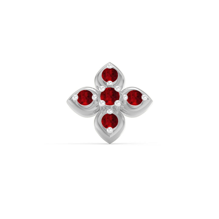 925 sterling silver Leaf Nose Pin with ruby red stone Front view#metal_sterling-silver#stone-colour_ruby-red