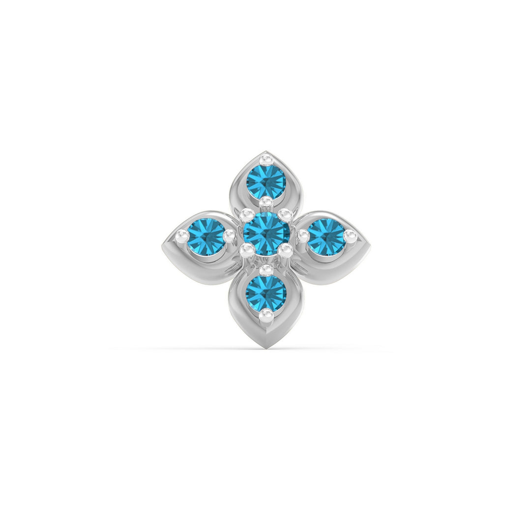 925 sterling silver Leaf Nose Pin with topaz blue stone Front view#metal_sterling-silver#stone-colour_topaz-blue