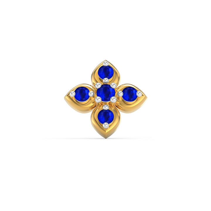 925 sterling silver gold plated Leaf Nose Pin with sapphire blue stone Front view#metal_gold-plated#stone-colour_sapphire-blue