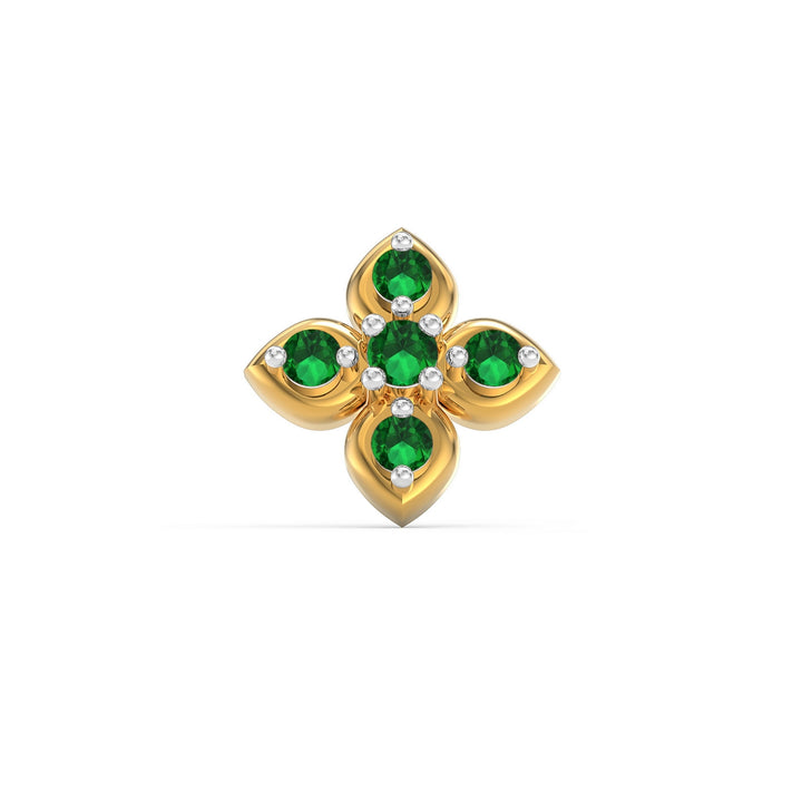 925 sterling silver gold plated Leaf Nose Pin with emerald green stone Front view#metal_gold-plated#stone-colour_emerald-green