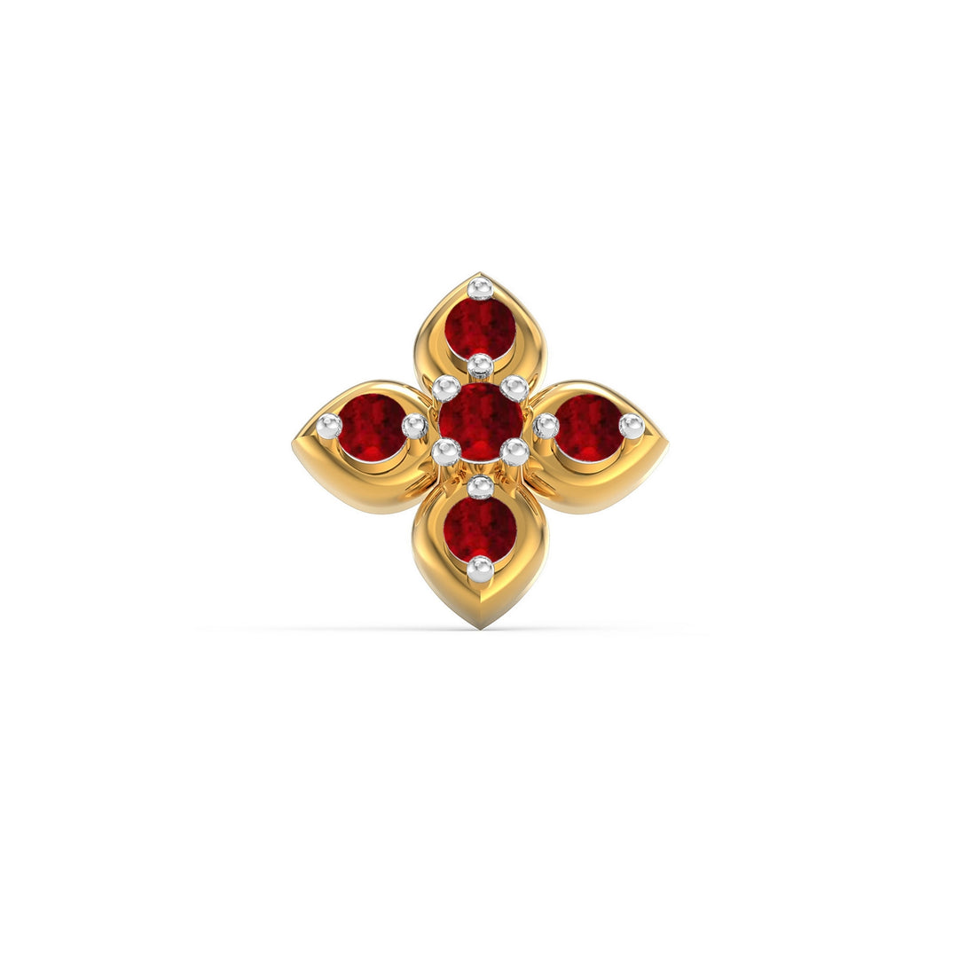 925 sterling silver gold plated Leaf Nose Pin with ruby red stone Front view#metal_gold-plated#stone-colour_ruby-red