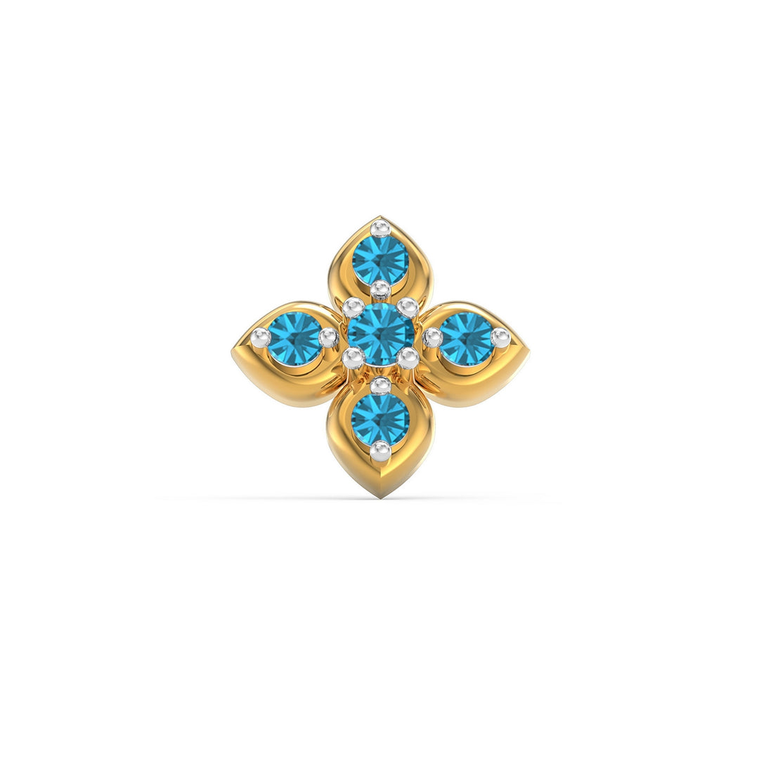 925 sterling silver gold plated Leaf Nose Pin with topaz blue stone Front view#metal_gold-plated#stone-colour_topaz-blue