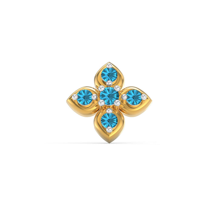 925 sterling silver gold plated Leaf Nose Pin with topaz blue stone Front view#metal_gold-plated#stone-colour_topaz-blue