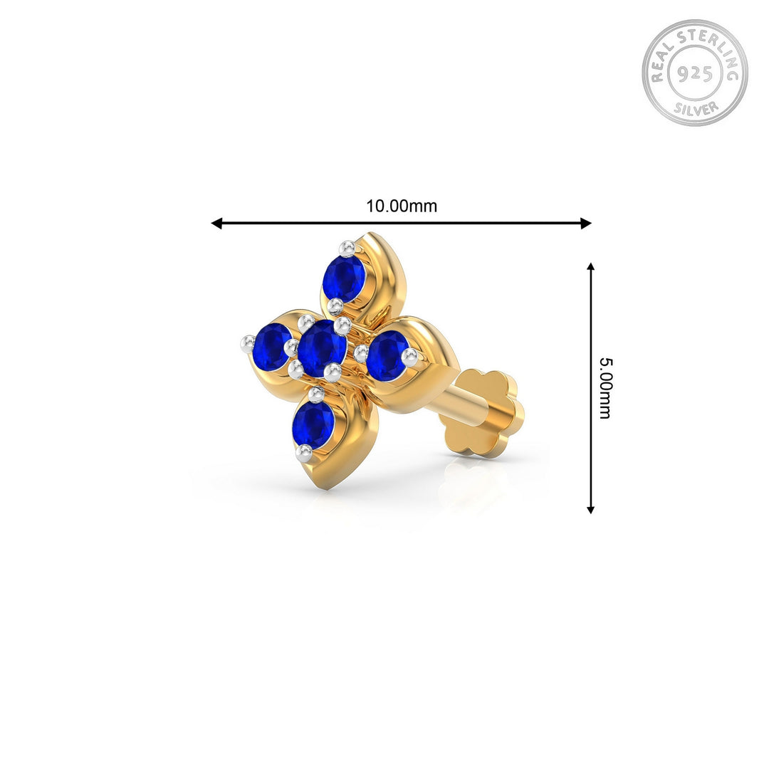 925 sterling silver gold plated Leaf Nose Pin with sapphire blue stone Measurement#metal_gold-plated#stone-colour_sapphire-blue