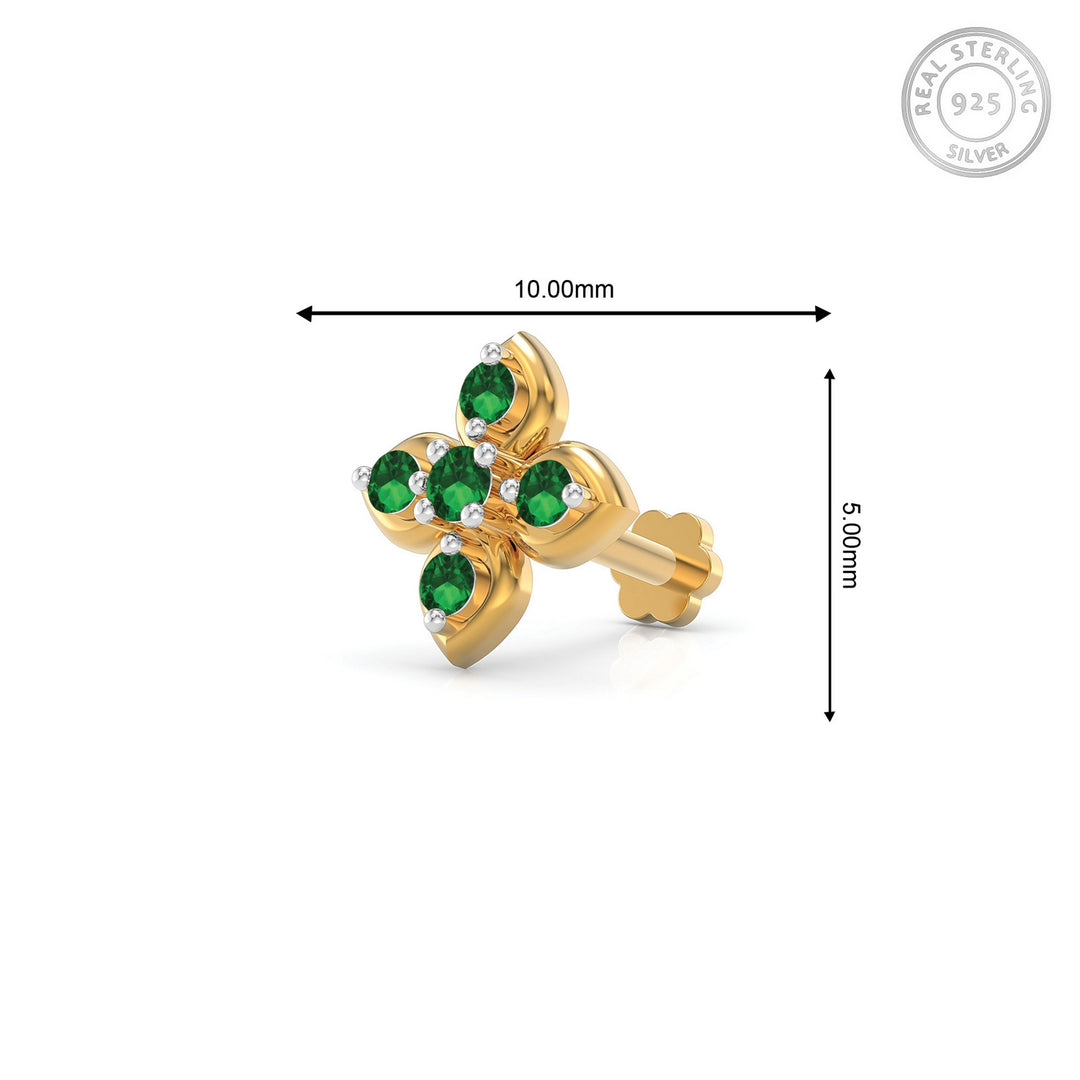 925 sterling silver gold plated Leaf Nose Pin with emerald green stone Measurement#metal_gold-plated#stone-colour_emerald-green