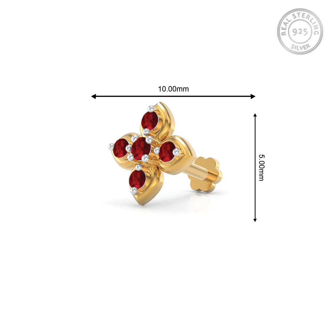 925 sterling silver gold plated Leaf Nose Pin with ruby red stone Measurement#metal_gold-plated#stone-colour_ruby-red