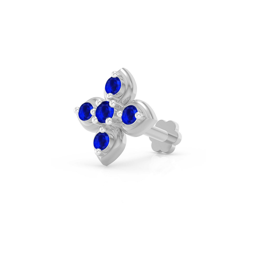 925 sterling silver Leaf Nose Pin with sapphire blue stone Main view#metal_sterling-silver#stone-colour_sapphire-blue