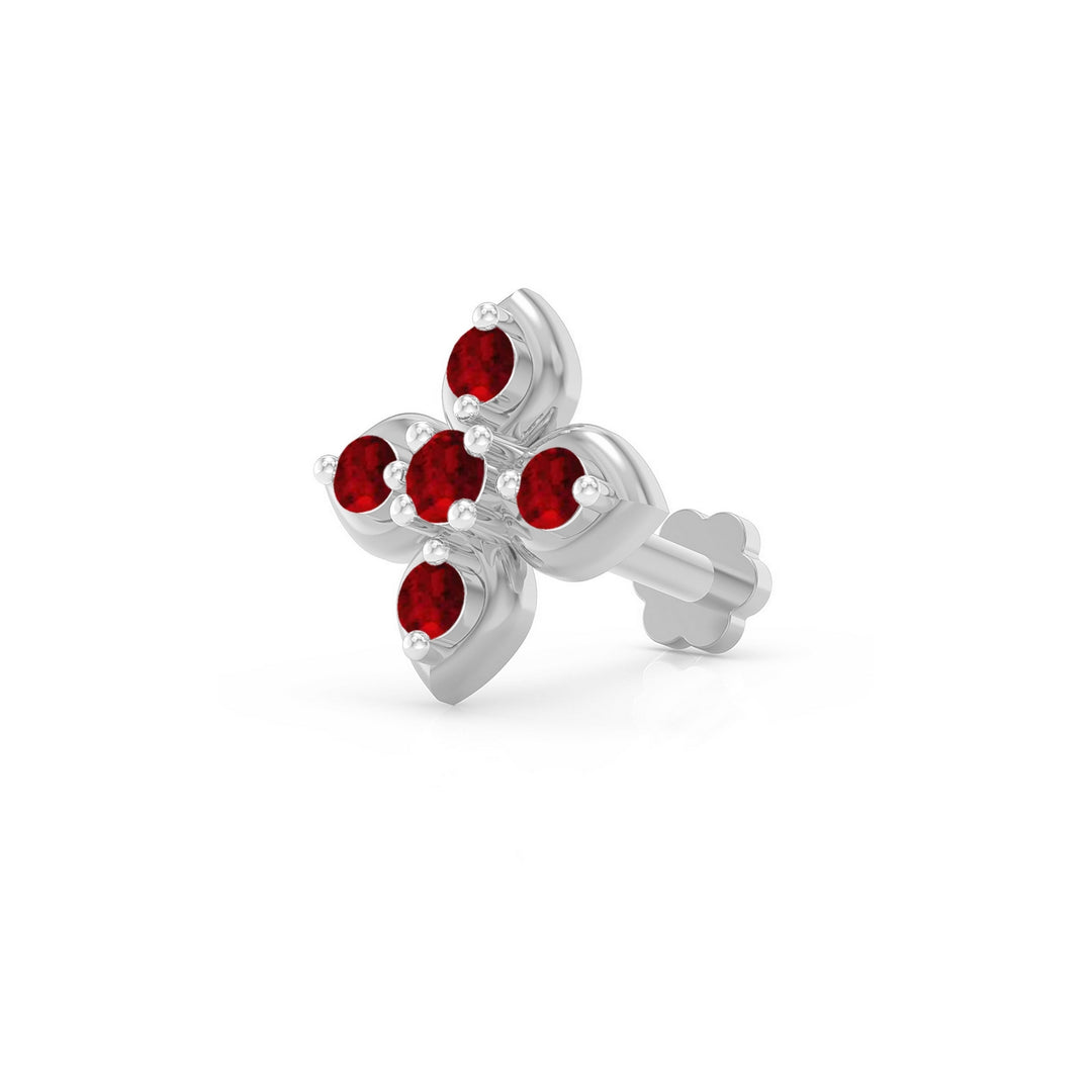 925 sterling silver Leaf Nose Pin with ruby red stone Main view#metal_sterling-silver#stone-colour_ruby-red