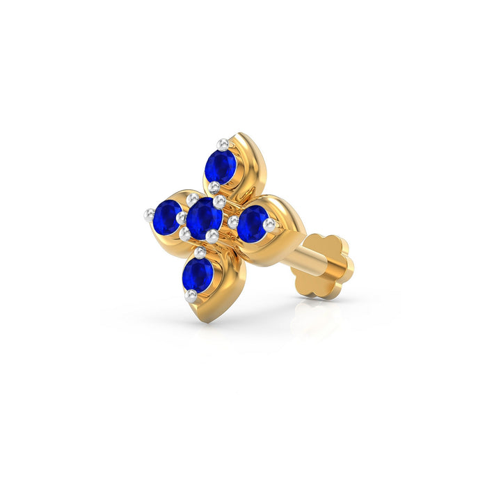 925 sterling silver gold plated Leaf Nose Pin with sapphire blue stone Main view#metal_gold-plated#stone-colour_sapphire-blue