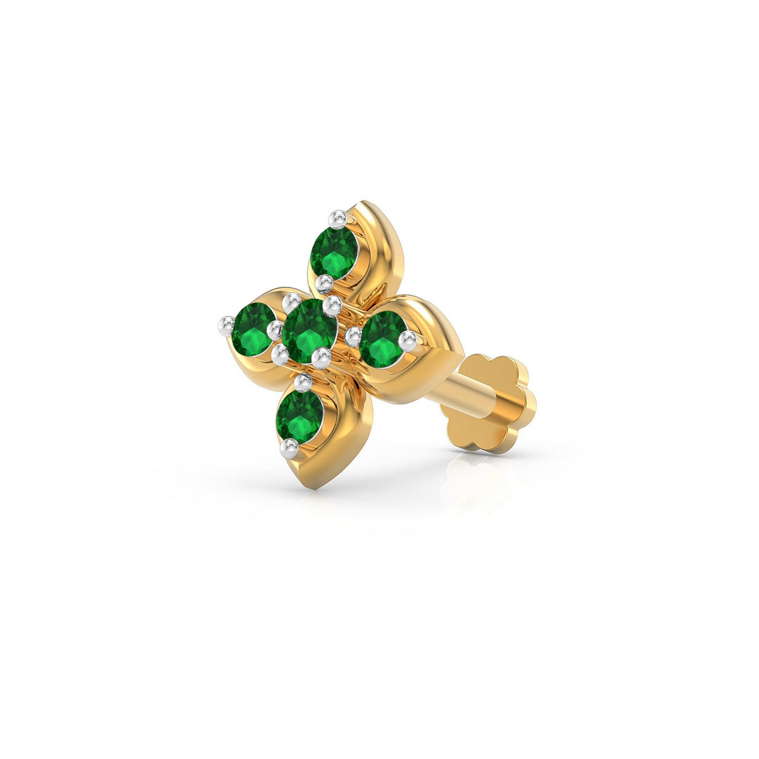 925 sterling silver gold plated Leaf Nose Pin with emerald green stone Main view#metal_gold-plated#stone-colour_emerald-green