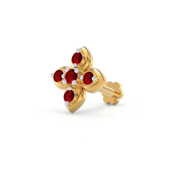 925 sterling silver gold plated Leaf Nose Pin with ruby red stone Main view#metal_gold-plated#stone-colour_ruby-red