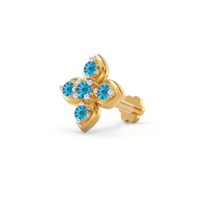 925 sterling silver gold plated Leaf Nose Pin with topaz blue stone Main view#metal_gold-plated#stone-colour_topaz-blue