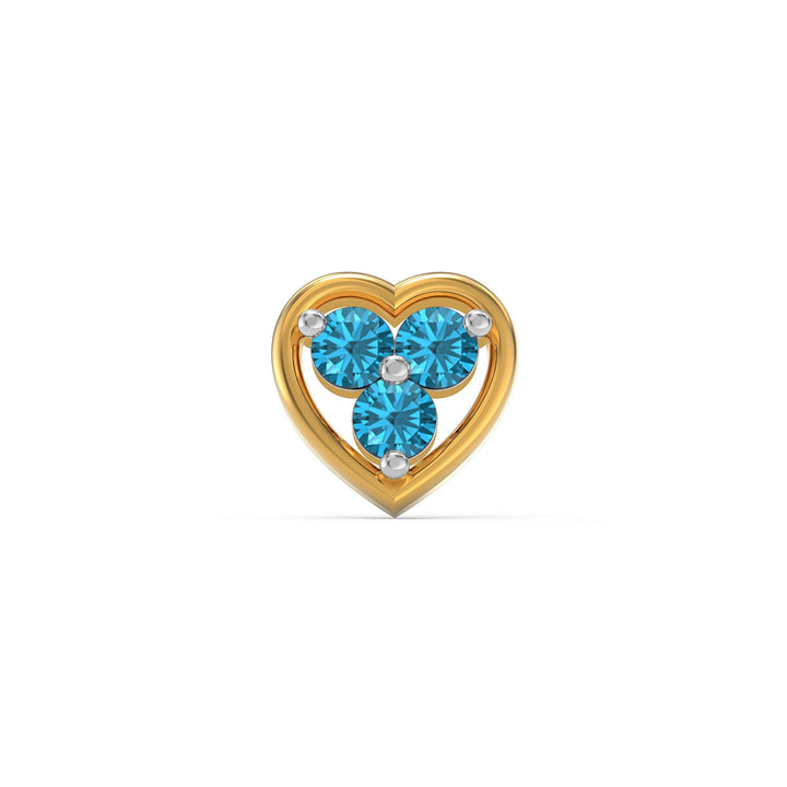 925 sterling silver gold plated Love Nose Pin with topaz blue stone Front view#metal_gold-plated#stone-colour_topaz-blue