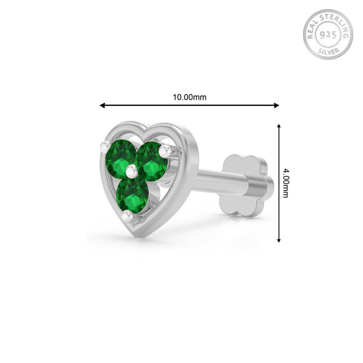 925 sterling silver Love Nose Pin with emerald green stone Measurement#metal_sterling-silver#stone-colour_emerald-green