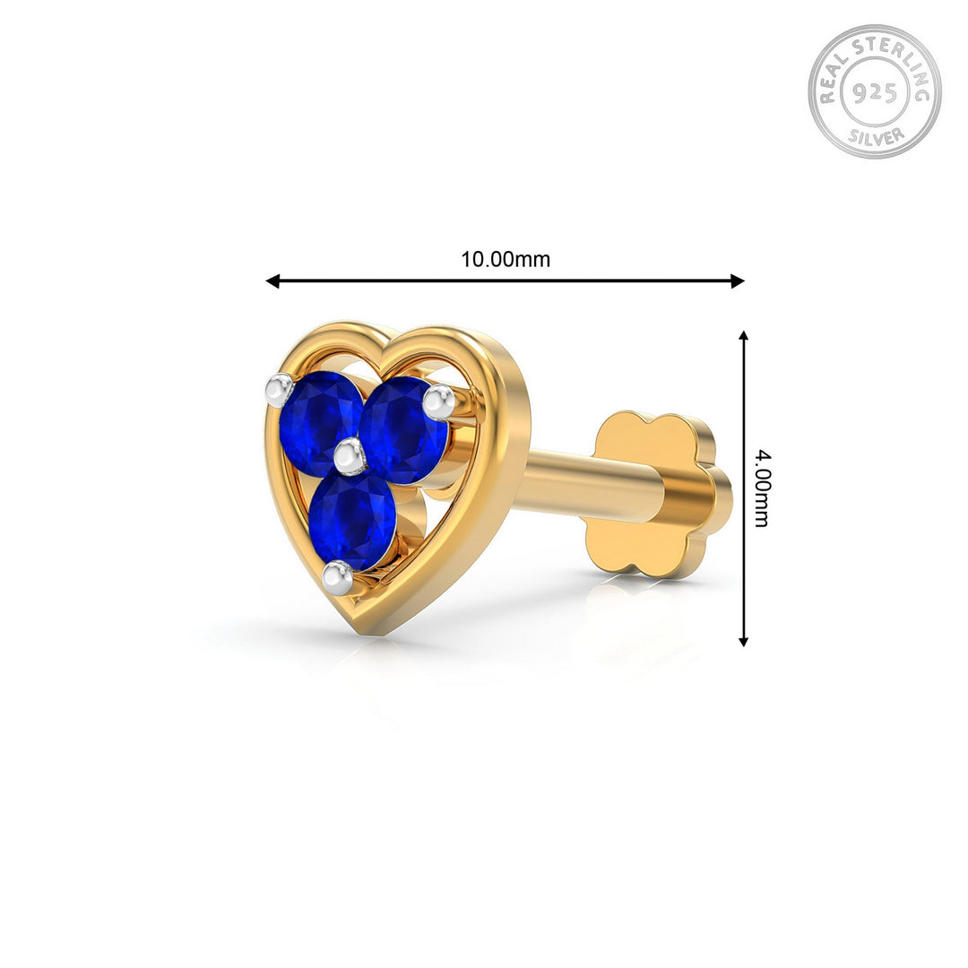 925 sterling silver gold plated Love Nose Pin with sapphire blue stone Measurement#metal_gold-plated#stone-colour_sapphire-blue