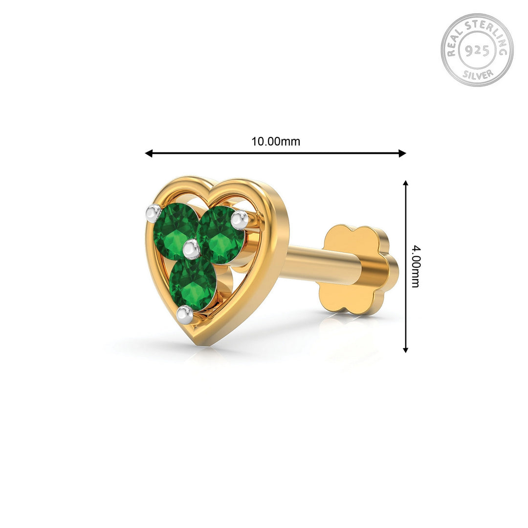 925 sterling silver gold plated Love Nose Pin with emerald green stone Measurement#metal_gold-plated#stone-colour_emerald-green