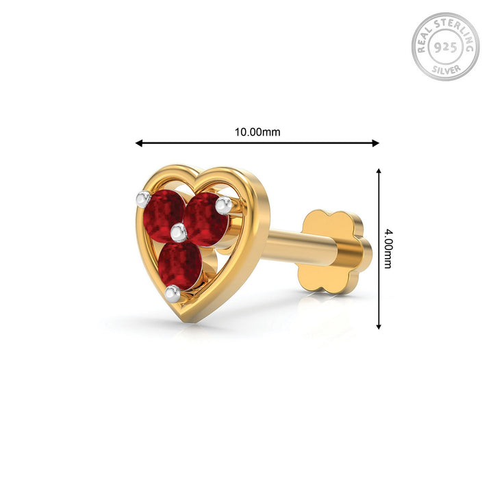 925 sterling silver gold plated Love Nose Pin with ruby red stone Measurement#metal_gold-plated#stone-colour_ruby-red