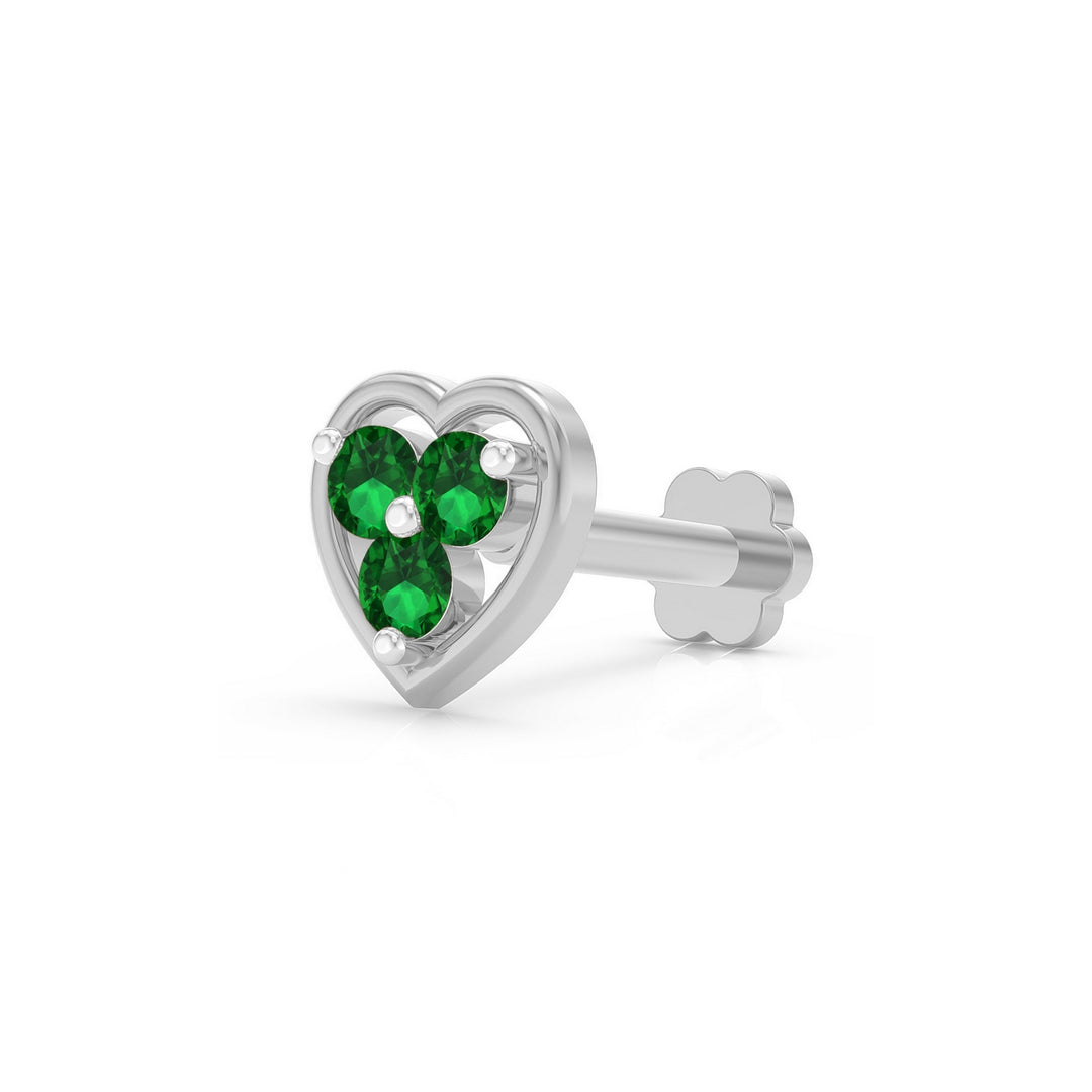 925 sterling silver Love Nose Pin with emerald green stone Main view#metal_sterling-silver#stone-colour_emerald-green