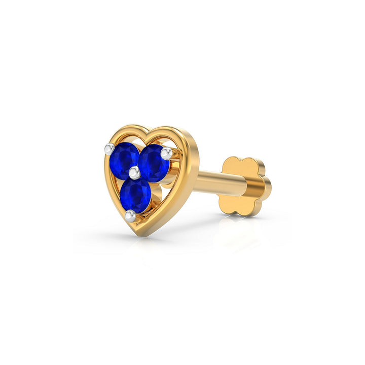 925 sterling silver gold plated Love Nose Pin with sapphire blue stone Main view#metal_gold-plated#stone-colour_sapphire-blue