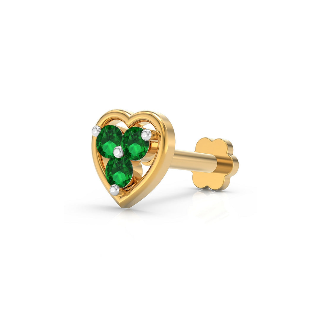 925 sterling silver gold plated Love Nose Pin with emerald green stone Main view#metal_gold-plated#stone-colour_emerald-green